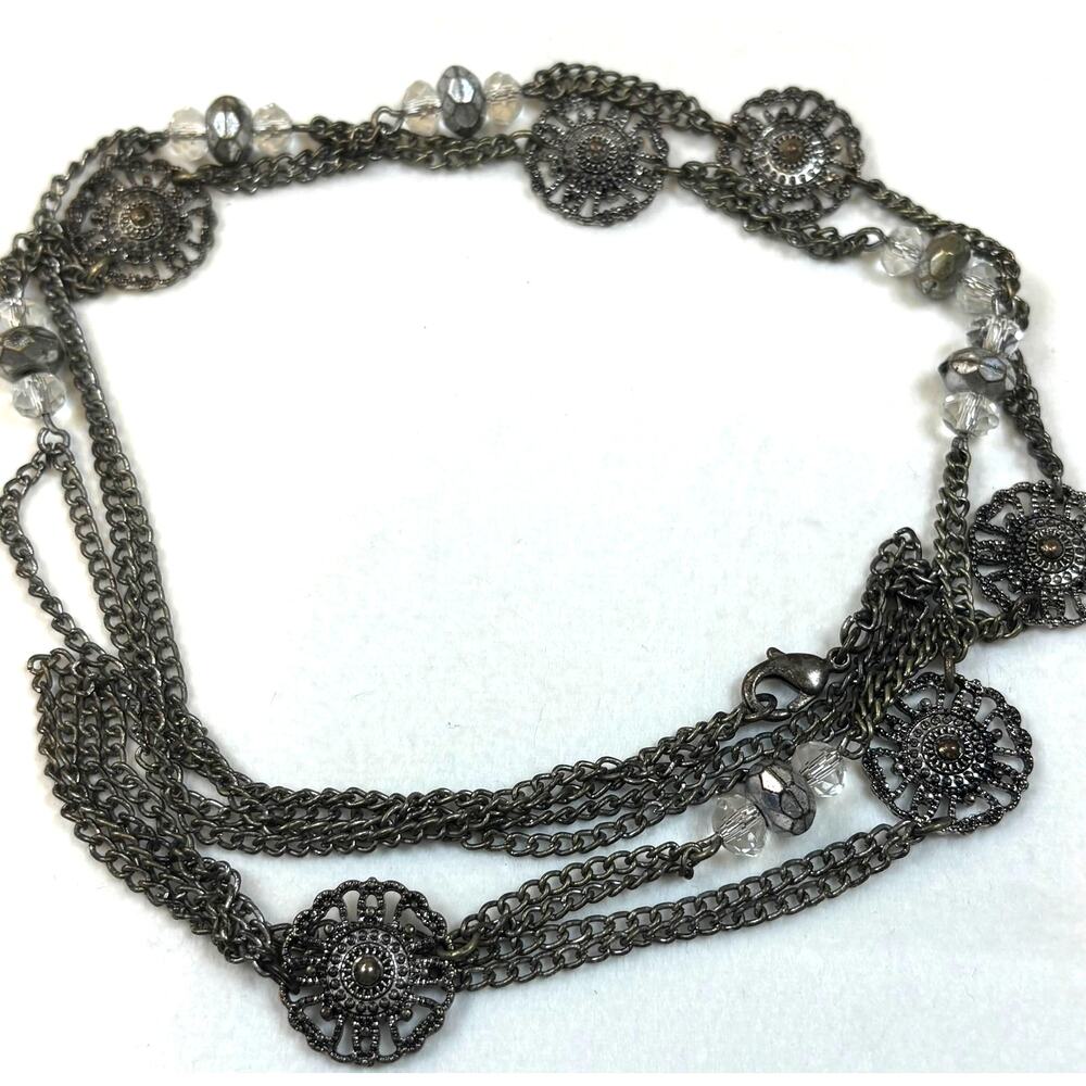 Gunmetal Silver Tone Necklace 38" L Filigree Medallions Plus Clear & Metal Beads